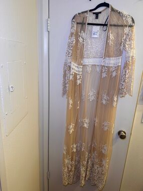 Sheer Lace Maxi Duster with White Embroidery